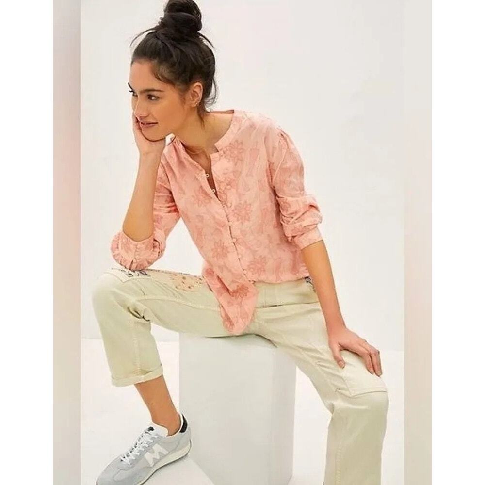 Anthropologie Let Me Be Fina Top Embroidered Floral Peach L